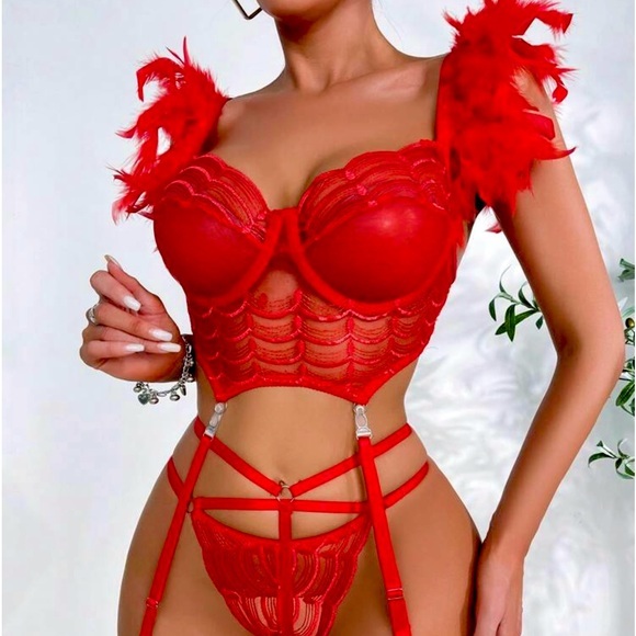 None Other - Sexy Red Cabaret Valentine Feather Corset Lingerie Garter Costume